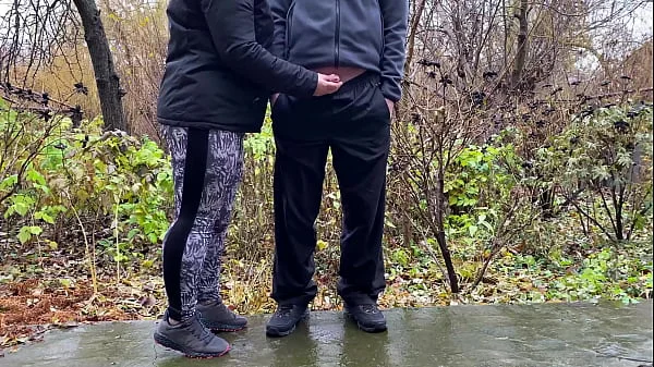 Sports stepmother-in-law after jogging in the park holds son-in-law's penis