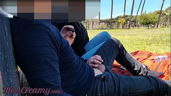 French Teacher Handjob Amateur on public park to student with Cumshot - MissCreamy