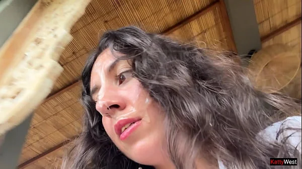 Eating pizza with cum on my face in a public cafe