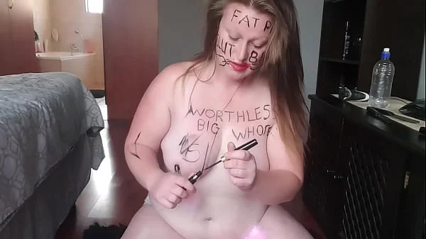 Big fat worthless pig degrading herself | body writing |hair pulling | self slapping