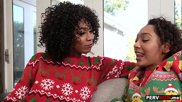 Black stepmom Misty Stone and stepdaughter Sarah Lace xmas 3some fun