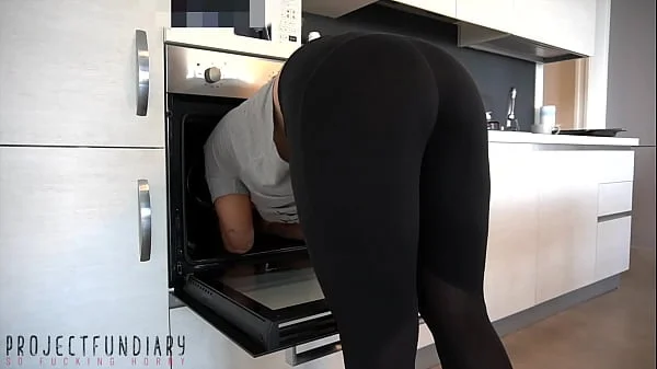 girl in tight yoga leggings and red thong stuck in the oven - used by for huge cumshot, projectfundiary