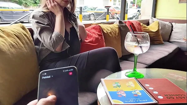 Remote control orgasm of my stepsister in Bar !